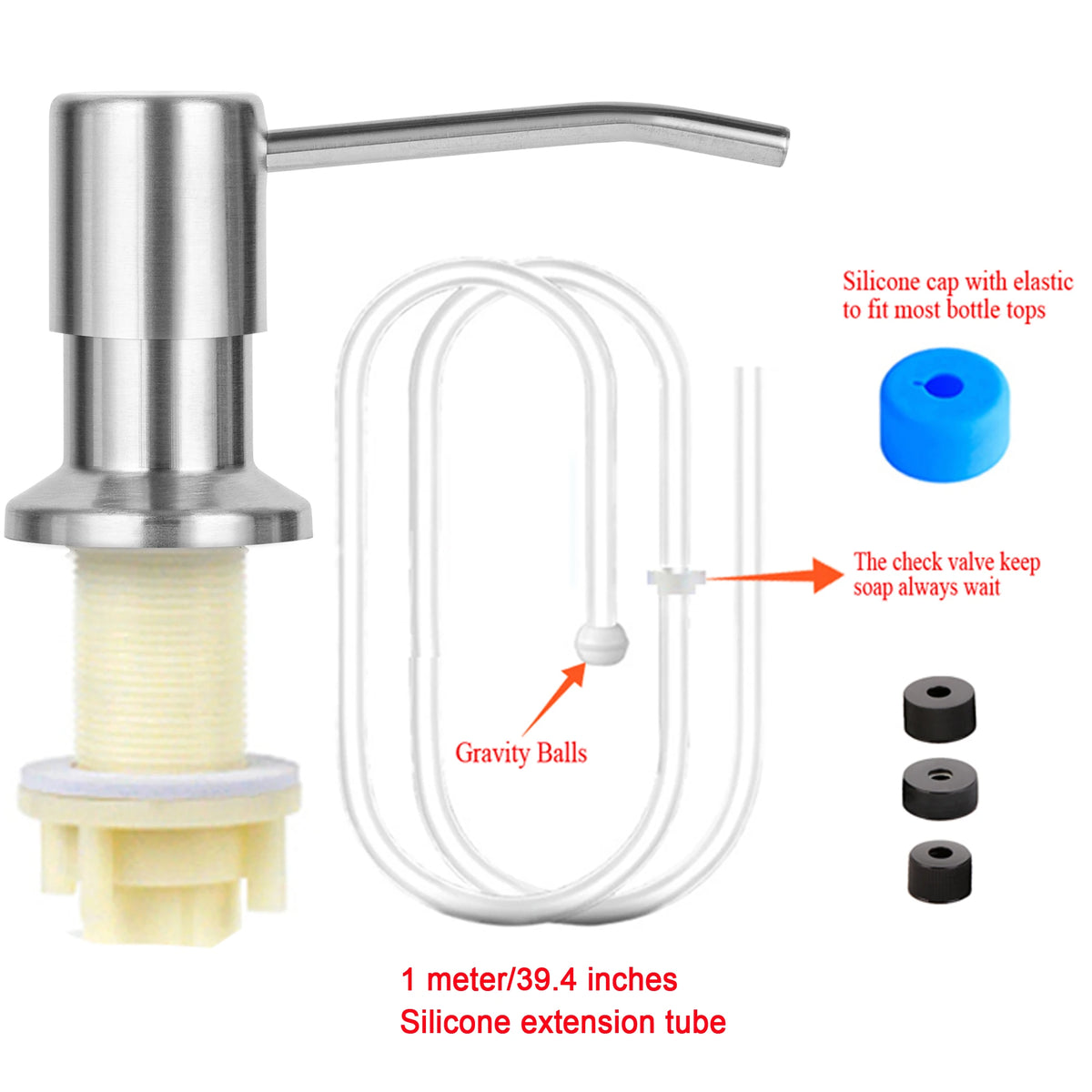 Under-sink kitchen soap dispenser featuring a metal pump, silicone extension tube, and gravity balls.