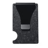A black carbon fiber slim card wallet with a cutout for holding cards.
