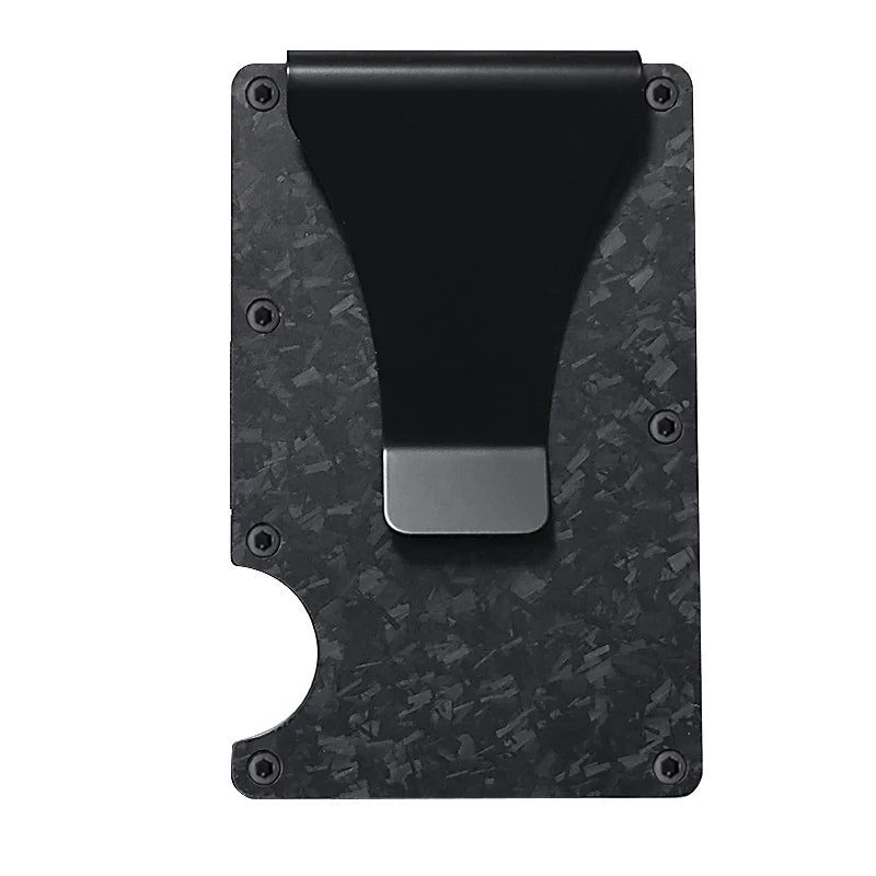A black carbon fiber slim card wallet with a cutout for holding cards.