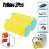 Yellow 2-piece zippered laundry bag for shoe cleaning, including a grooming brush and a pair of casual running shoes.
