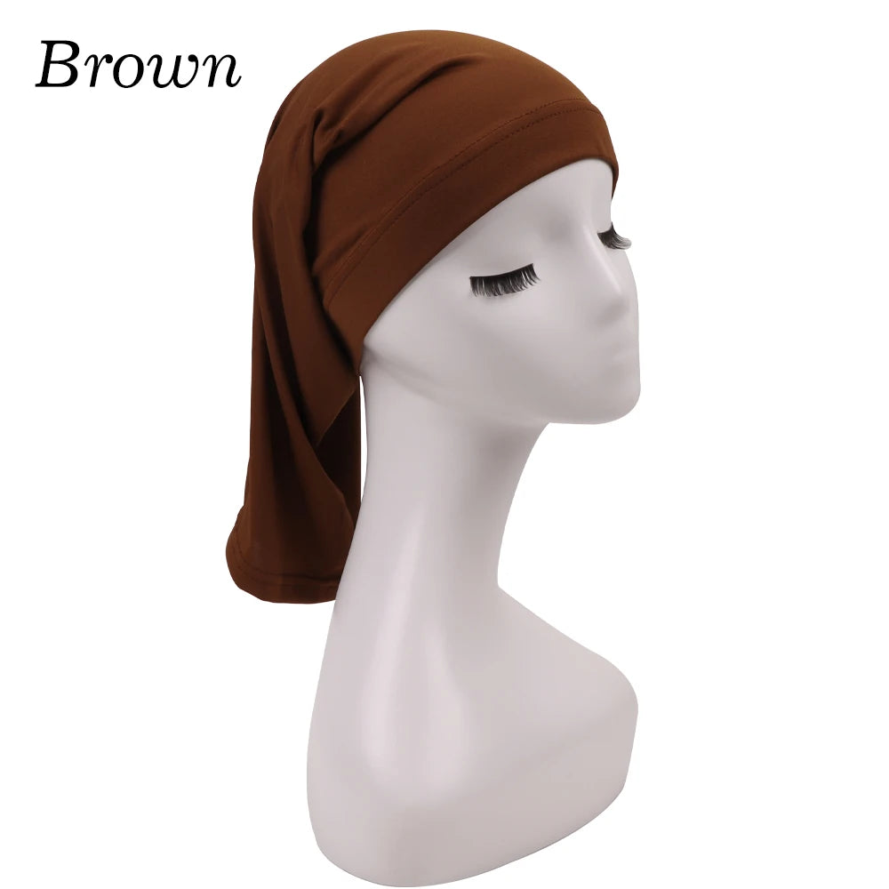 Brown spandex dreadlock tube cap for hair protection displayed on a mannequin head.