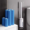 A set of multi-sized disposable toilet brushes in blue and white, shown against a gray wall.