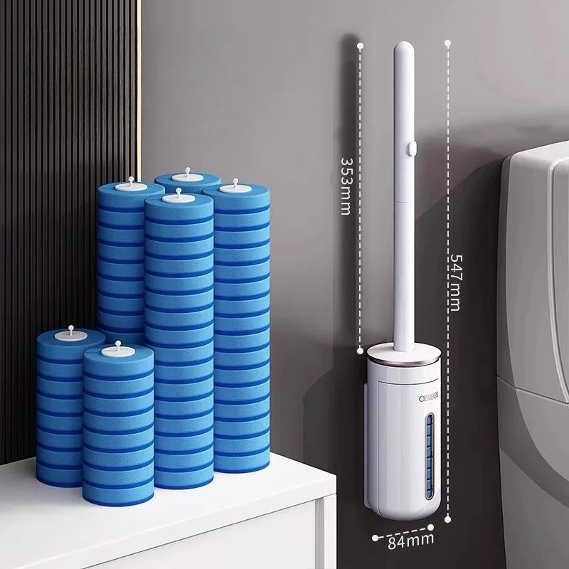 A set of multi-sized disposable toilet brushes in blue and white, shown against a gray wall.