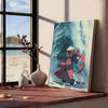 A vertical canvas art poster depicting a figure in traditional attire against a dramatic blue and white seascape.