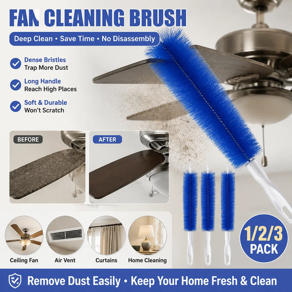 A blue fan cleaning brush is shown with a dark cleaning pad, demonstrating its use for deep cleaning fans and vents.