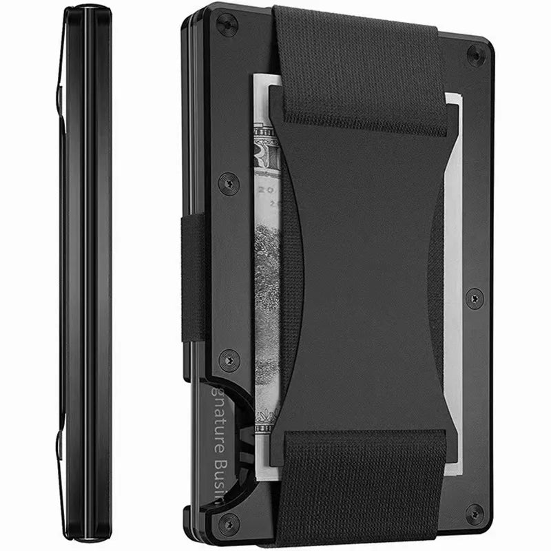 A black carbon fiber slim card wallet with a padded strap is shown from the side.