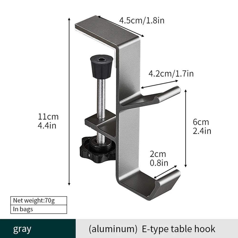 Gray aluminum E-type table hook with a cylindrical hanging component.