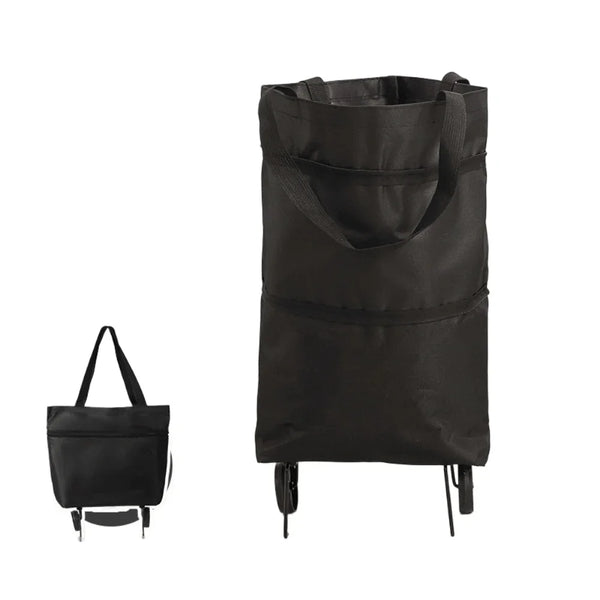 Black foldable shopping cart and handbag with wheels