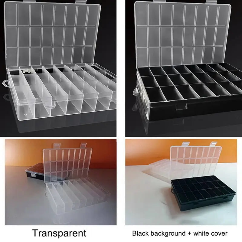 Clear plastic storage box with a white cover and black insert for jewelry, beads, and small items