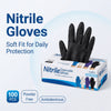 Box of disposable nitrile gloves with a black glove displayed on a white background.