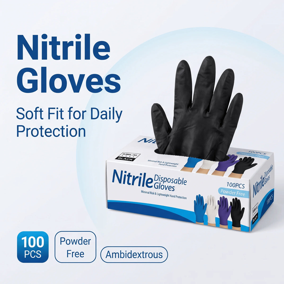 Box of disposable nitrile gloves with a black glove displayed on a white background.