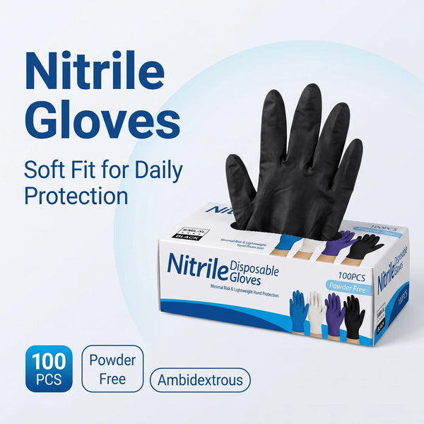Box of disposable nitrile gloves with a black glove displayed on a white background.