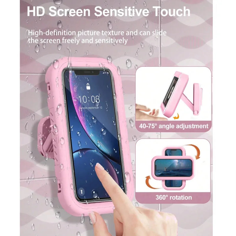 A pink silicone phone holder with an HD screen sensitive touch feature is shown being used to hold a smartphone.