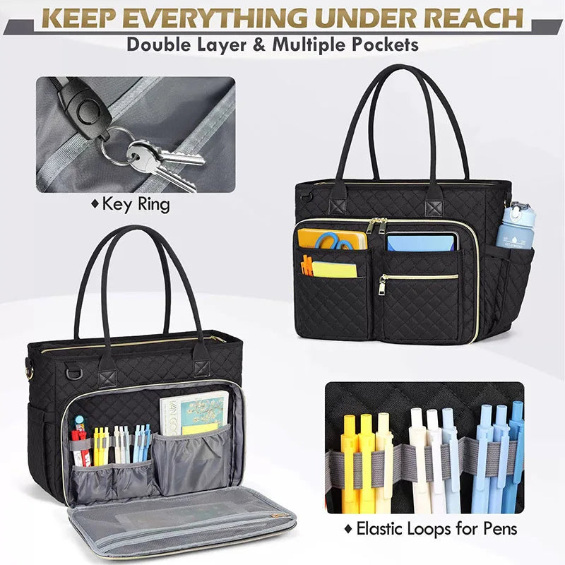 Black quilted tote bag with multiple pockets and elastic loops for pens