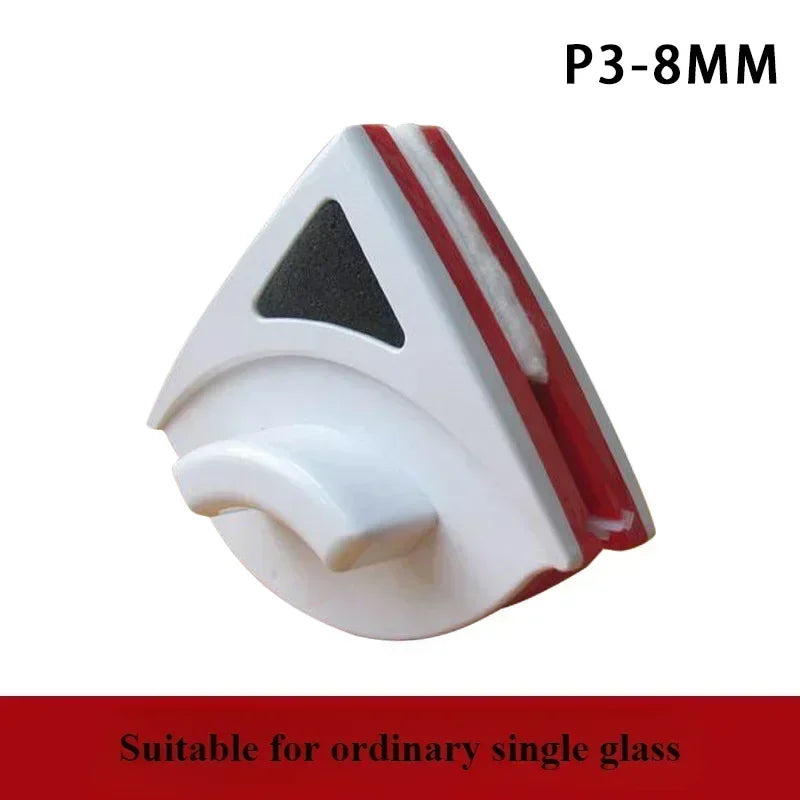 A white and red magnetic window cleaner with a triangular cleaning surface.