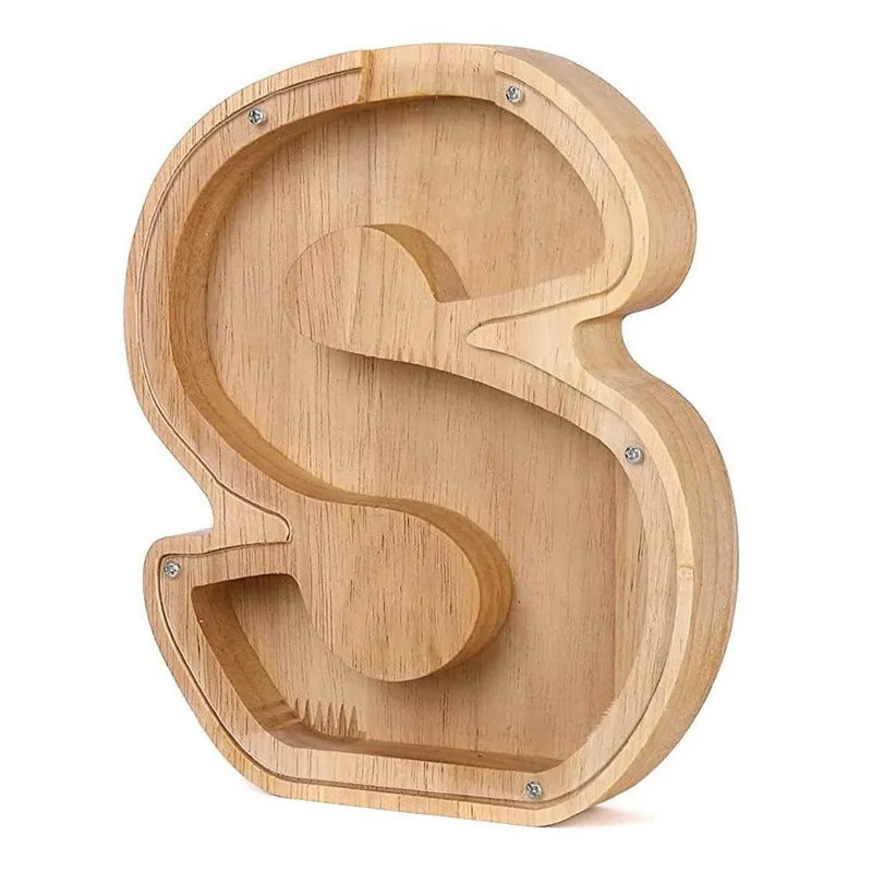 Piggy bank in the shape of the letter S, made of wood, for savings