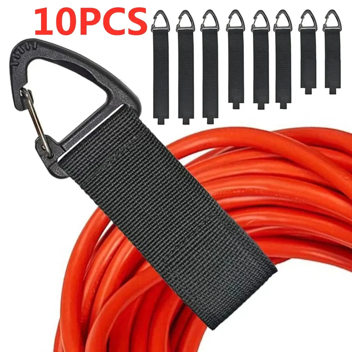 A black nylon cord organizer strap is shown attached to a red electrical cord, with multiple metal hooks displayed nearby.