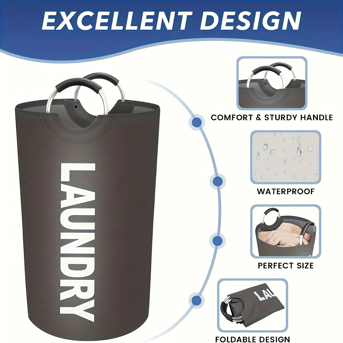 A dark gray laundry basket with a padded handle, highlighting its excellent design features like waterproofness and foldable 