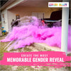 A person is creating a large cloud of vibrant pink powder for a gender reveal event in front of a car.