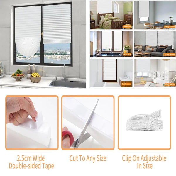 Cordless pleated paper window shade with double-sided tape and clip-on adjustable in size