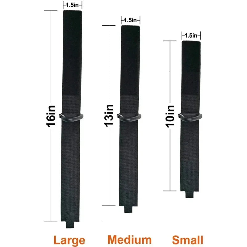 Three black heavy-duty nylon cord and hose organizer straps labeled large, medium, and small.