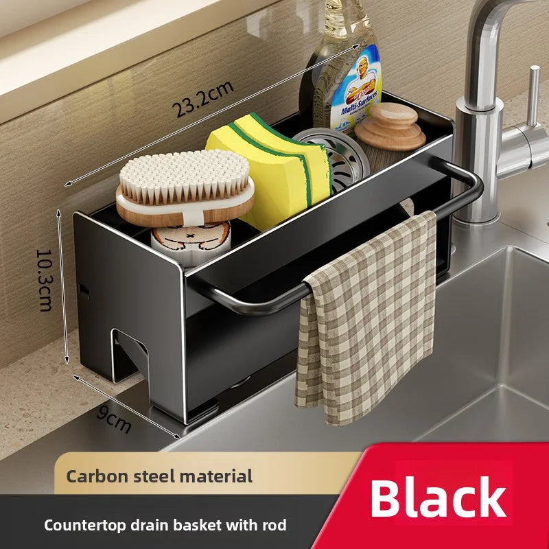 Black carbon steel countertop drain basket with rod for holding sponges and dish tools