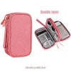 A pink double layer portable storage organizer pouch with a clear window showing a smartphone.