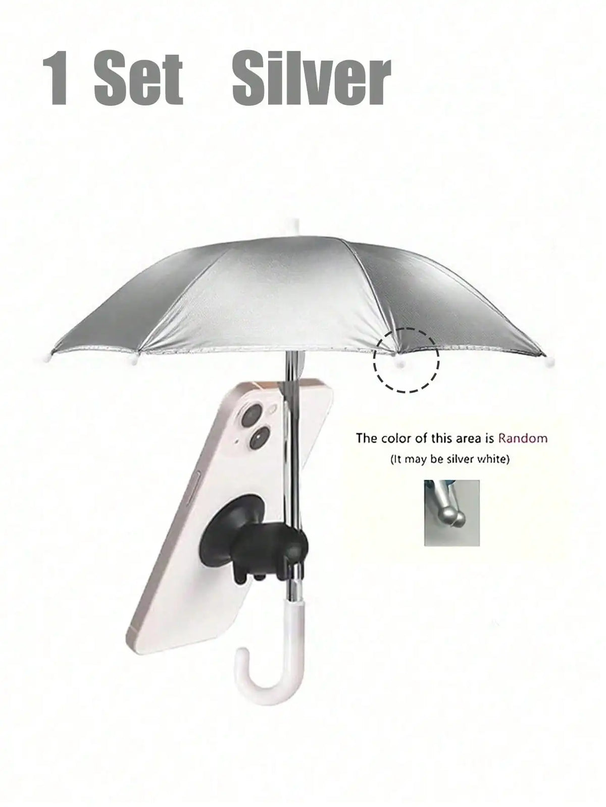 A silver umbrella shade is shown with a phone mount and suction cups for protection.