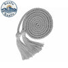 Gray graduation honor cord with tassel ends coiled into a spiral, featuring a circular emblem.