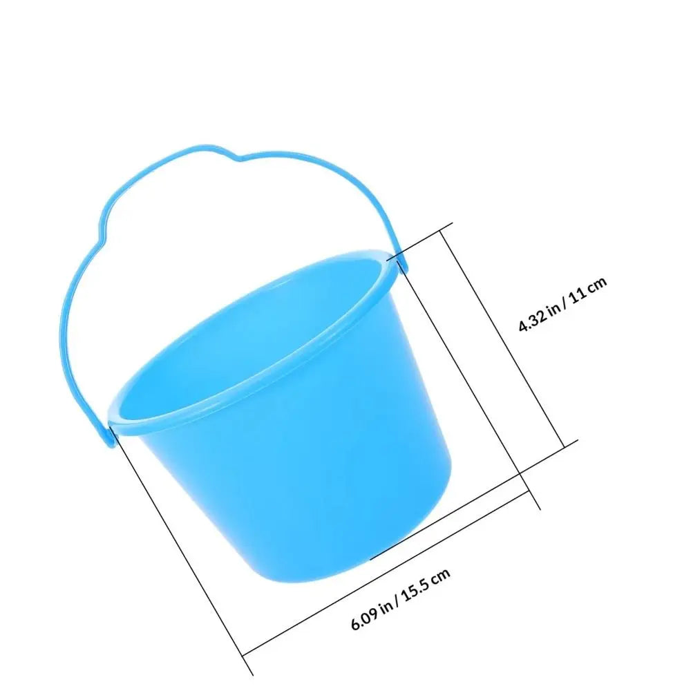 A set of six blue plastic water splashing buckets with handles shown against a white background.