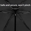 A black compact 5-fold lace umbrella with a golden curved handle shown against a dark background.
