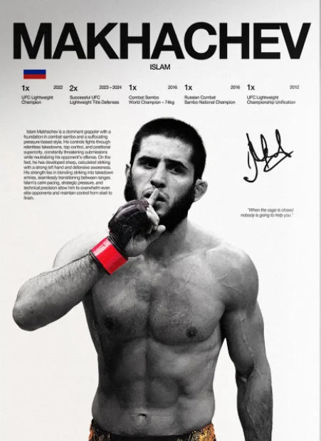 A muscular male fighter with a beard and intense expression is shown in a black and white portrait.
