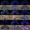 A collection of holographic gradient rave hand fans displayed in various colors and patterns.