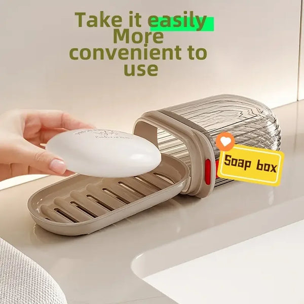 A hand is holding a portable travel soap box with a sealed lid, demonstrating its ease of use.