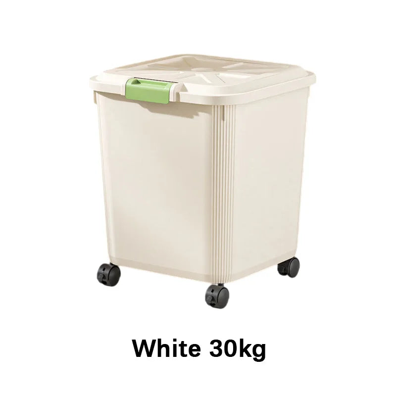 White 30kg plastic storage bin with a green lid and four wheels