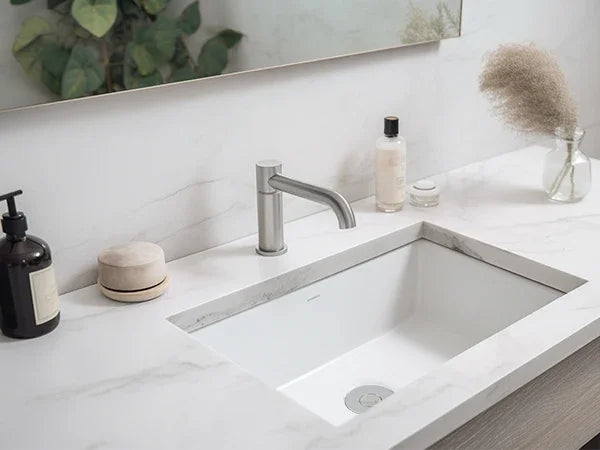 Moderne Badezimmerschminktisch mit rechteckigem weißem Waschbecken und Chromarmatur, mit Reinigungsprodukten und Dekoration