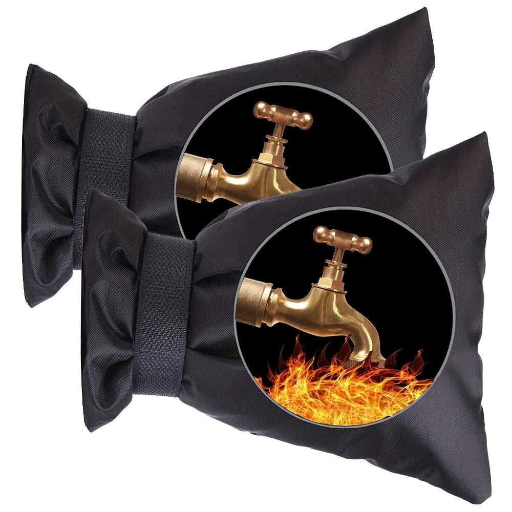 Black reusable insulated faucet cover with a brass-colored faucet visible inside.
