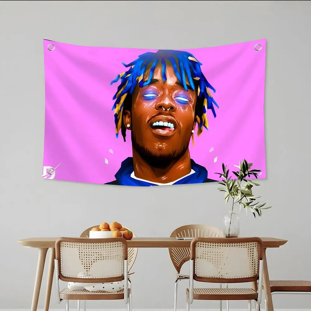 Lebendige magentafarbene Flagge mit Porträt von Jimi Hendrix und blauen Dreadlocks.