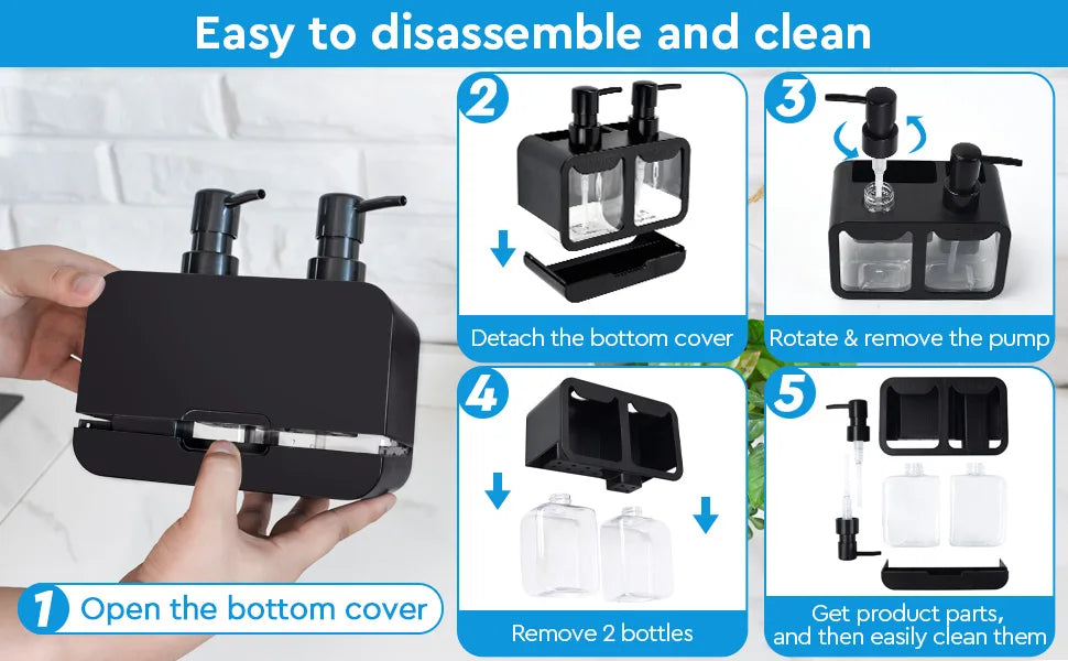 Step-by-step instructions showing how to disassemble and clean a black kitchen soap dispenser set