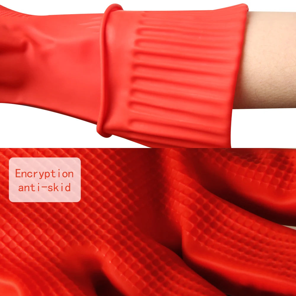 Close-up of a red silicone dishwashing glove with a ribbed cuff and textured palm.