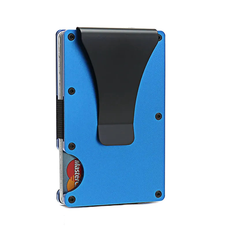 A blue carbon fiber slim card wallet with a black protective cover.