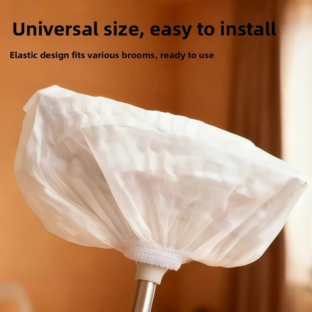 A white disposable broom cover is shown, ready to be used for easy dust removal.