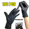 A hand wearing a black disposable nitrile glove is shown next to a box of gloves, indicating 100 pieces.