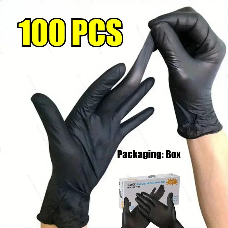 A hand wearing a black disposable nitrile glove is shown next to a box of gloves, indicating 100 pieces.
