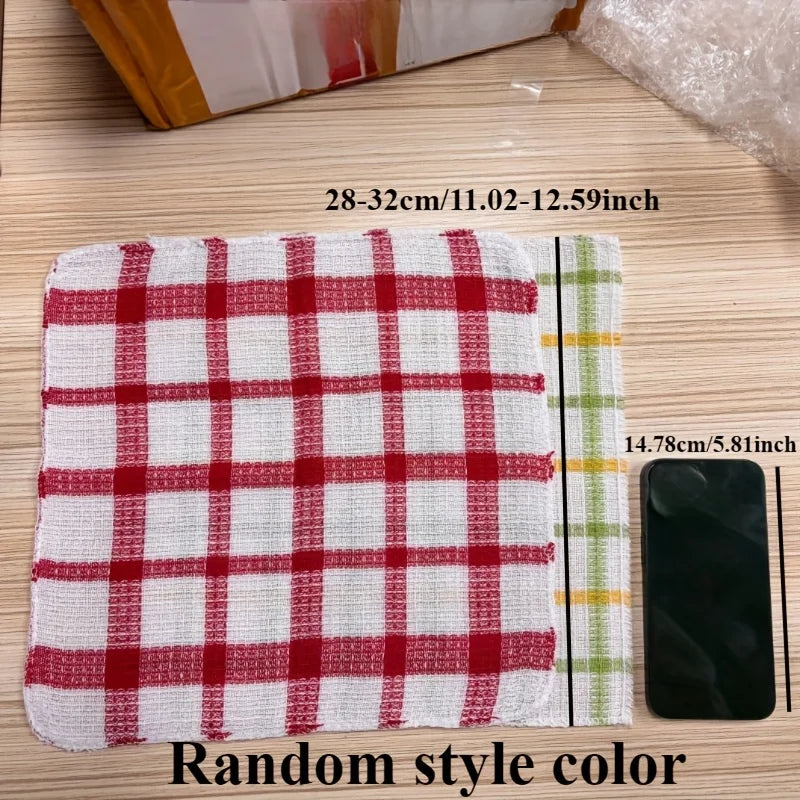 A red and white plaid microfiber dish towel is shown next to a black smartphone.