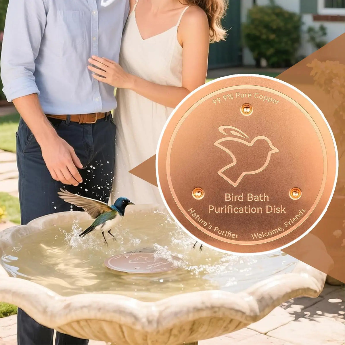 A copper bird bath purification disk is shown floating in water, with a person standing nearby.