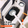 A white 2-in-1 trash can with a toilet brush is shown, demonstrating how to use and dispose of the brush to avoid bacterial g