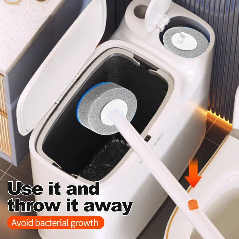 A white 2-in-1 trash can with a toilet brush is shown, demonstrating how to use and dispose of the brush to avoid bacterial g
