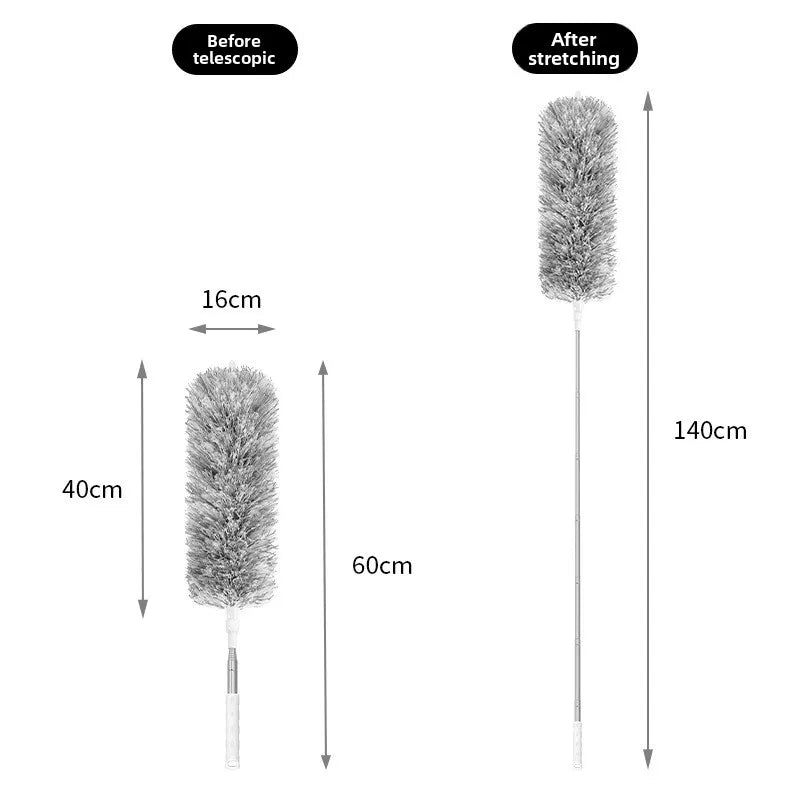 Comparison showing an extendable microfiber duster with a telescopic handle before and after stretching.