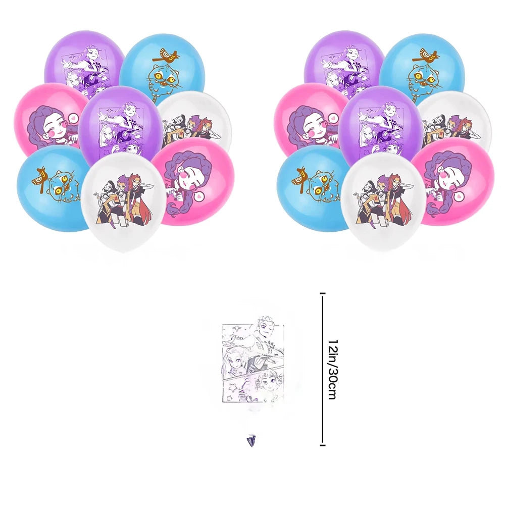 A set of colorful, glossy, heart-shaped birthday party decor featuring K-Pop themed illustrations and text.